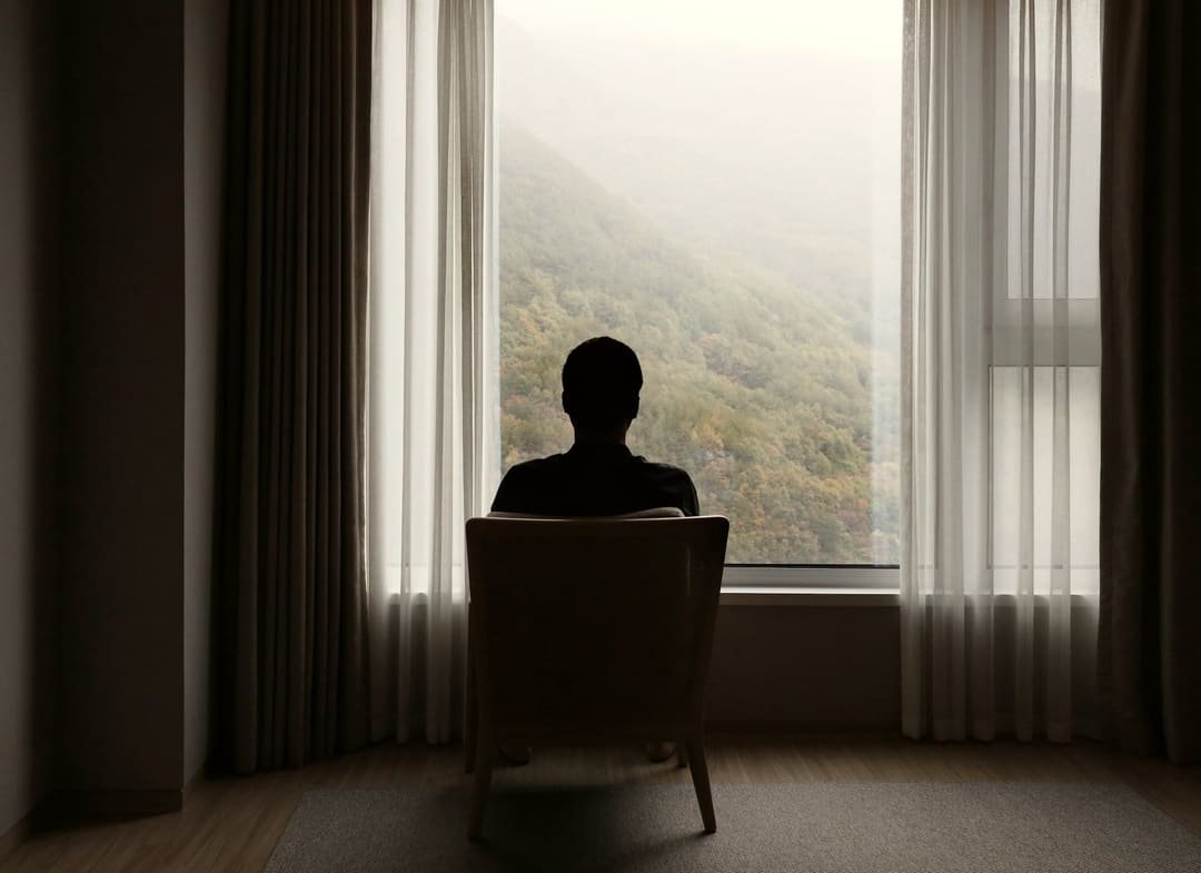 A person sits in a quiet room facing a tall window, looking out at a forested mountainside in soft morning mist.